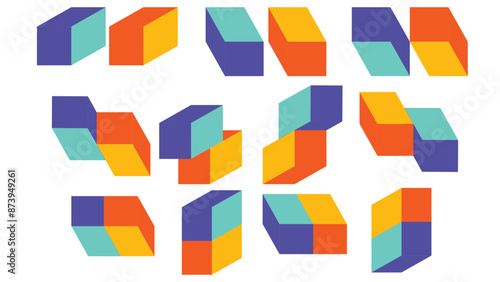 The image features a pattern of isometric shapes, creating a visually engaging geometric design. The shapes are three-dimensional blocks composed of four distinct colors: purple, teal, yellow, orange.