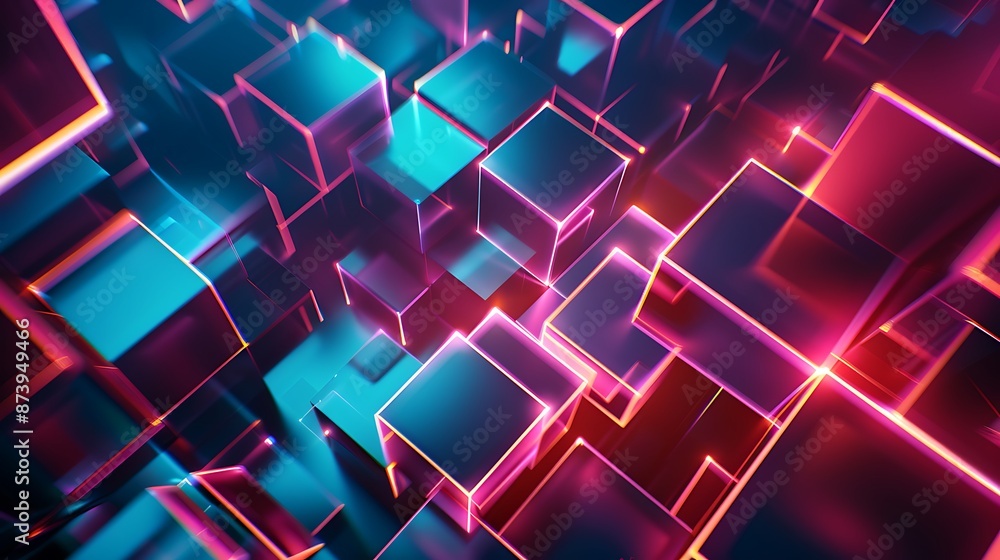 Abstract geometric shapes cube blocks background with neon lights Abstract geometric shapes cube blocks background with neon lights