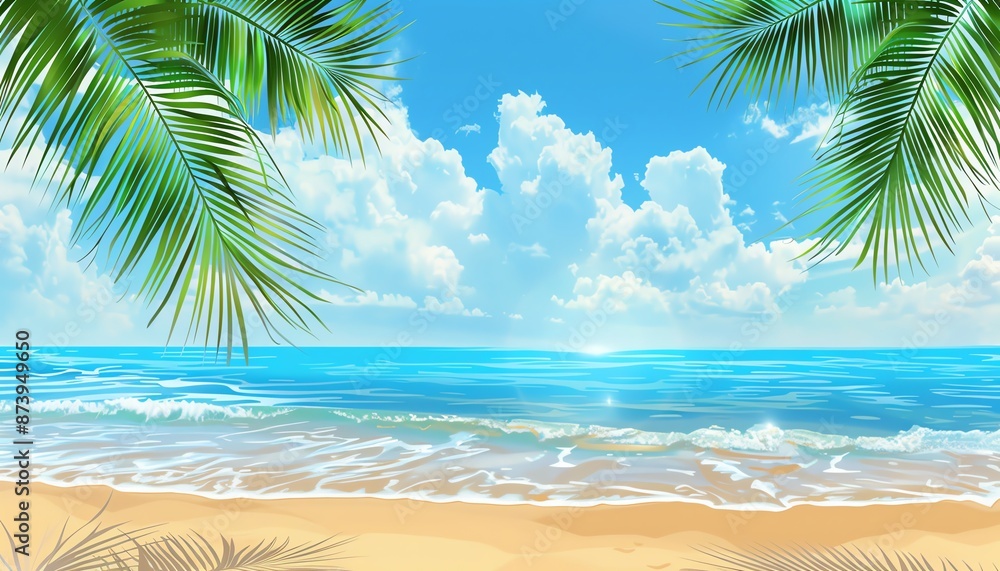 Beautiful Summer Beach Background with Palm Leaves and Ocean View Beautiful Summer Beach Background with Palm Leaves and Ocean View
