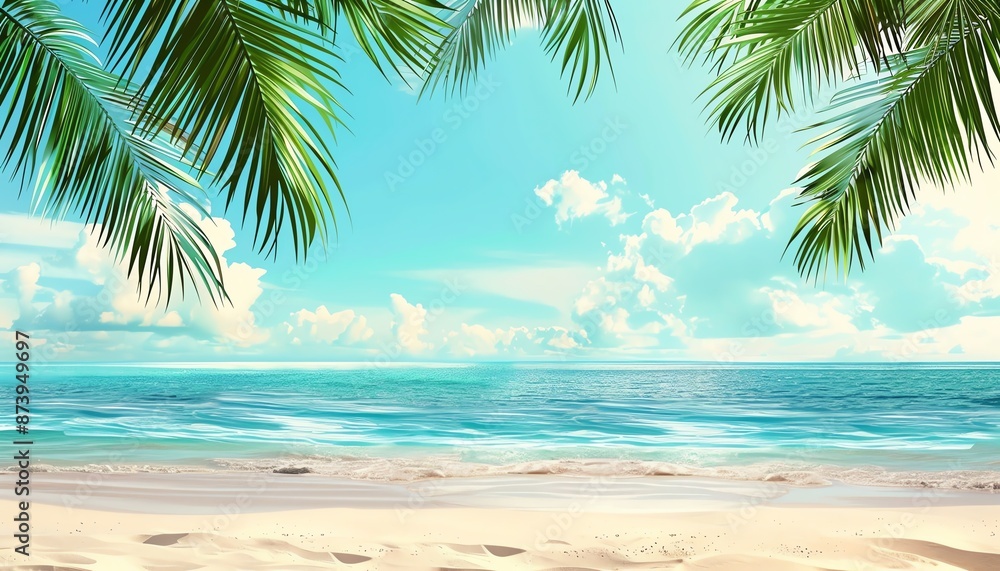Beautiful Summer Beach Background with Palm Leaves and Ocean View Beautiful Summer Beach Background with Palm Leaves and Ocean View