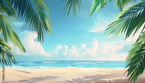 Beautiful Summer Beach Background with Palm Leaves and Ocean View  © Sunisa