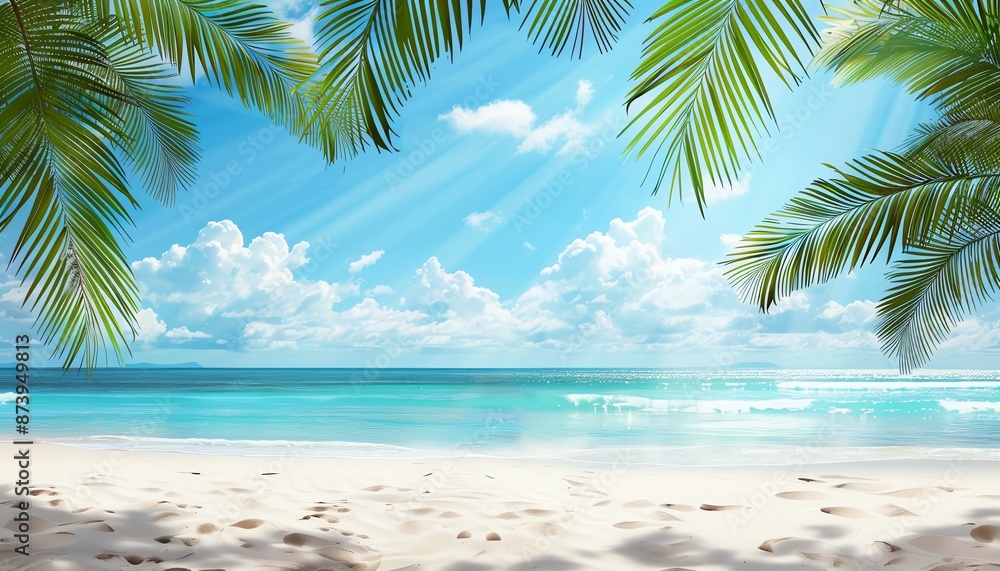 Beautiful Summer Beach Background with Palm Leaves and Ocean View Beautiful Summer Beach Background with Palm Leaves and Ocean View
