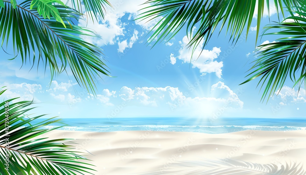 Fototapeta premium Beautiful Summer Beach Background with Palm Leaves and Ocean View 