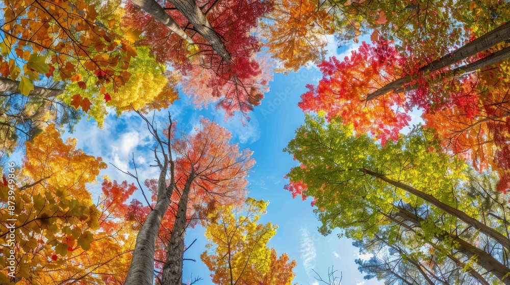 Looking up at colorful autumn treetops, capturing the essence of fall Looking up at colorful autumn treetops, capturing the essence of fall