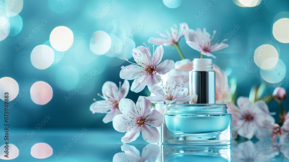 Elegant Perfume Bottle with Blossoms on Blue Background Elegant Perfume Bottle with Blossoms on Blue Background