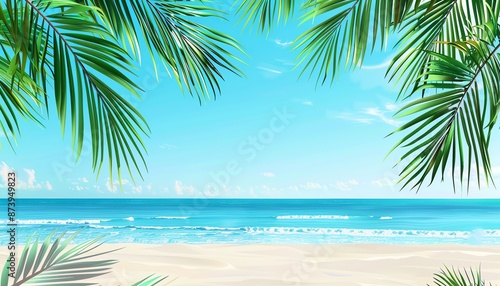 Beautiful Summer Beach Background with Palm Leaves and Ocean View 