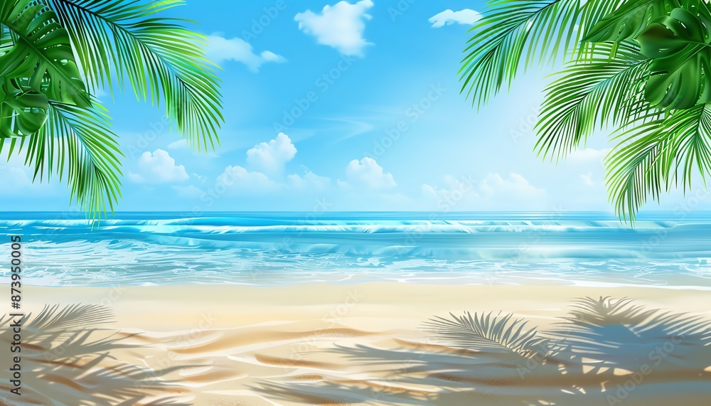 Beautiful Summer Beach Background with Palm Leaves and Ocean View Beautiful Summer Beach Background with Palm Leaves and Ocean View
