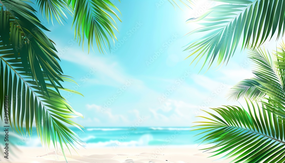 Beautiful Summer Beach Background with Palm Leaves and Ocean View Beautiful Summer Beach Background with Palm Leaves and Ocean View
