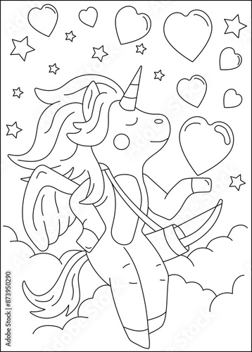 unicorn love and affection theme coloring book page