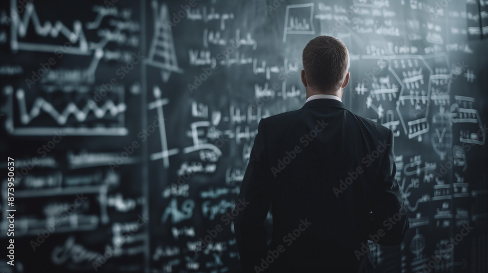 back view of businessman with math equations on black board back view of businessman with math equations on black board