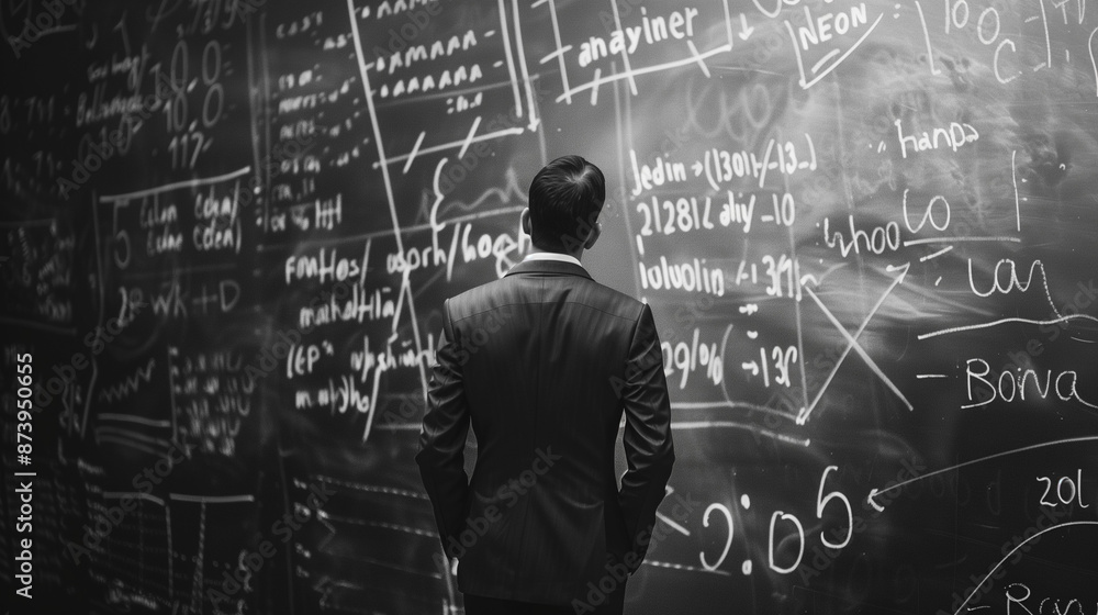 back view of businessman with math equations on black board
