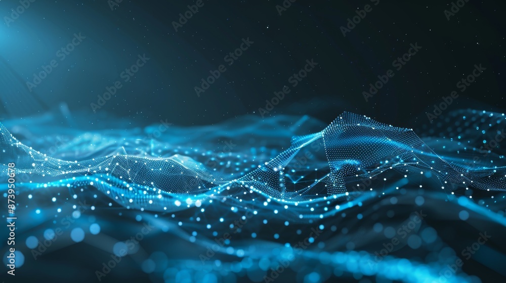 This is an abstract futuristic 3D rendering with glowing lines and particles on a dark blue background representing science, business, communication, and technology concepts. It uses a plexus This is an abstract futuristic 3D rendering with glowing lines and particles on a dark blue background representing science, business, communication, and technology concepts. It uses a plexus