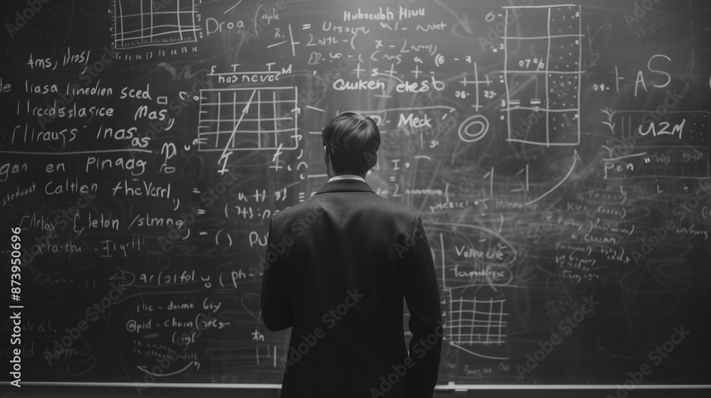 back view of businessman with math equations on black board back view of businessman with math equations on black board