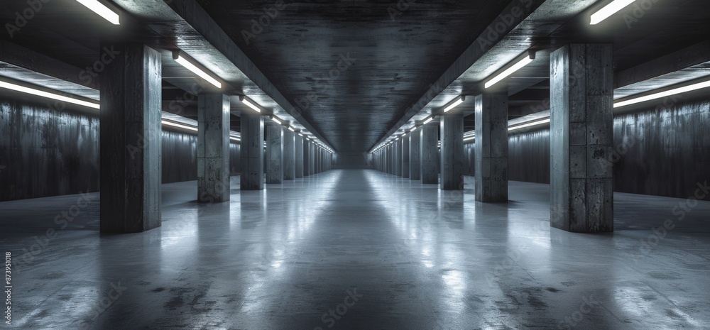 An alien spaceship Sci-Fi concrete rough cement garage tunnel corridor warehouse showroom underground futuristic modern background 3D rendering An alien spaceship Sci-Fi concrete rough cement garage tunnel corridor warehouse showroom underground futuristic modern background 3D rendering