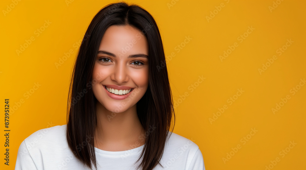 Pretty young smiling woman with dark bob hair on yellow background with copy space. Cute teenager girl in a simple white T-shirt. Mock up design advertising Pretty young smiling woman with dark bob hair on yellow background with copy space. Cute teenager girl in a simple white T-shirt. Mock up design advertising