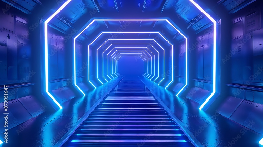 blue neon light abstract background with glowing lines cyber space in virtual reality night club room interior fashion podium or stage empty corridor in ultraviolet spectrum blue neon light abstract background with glowing lines cyber space in virtual reality night club room interior fashion podium or stage empty corridor in ultraviolet spectrum