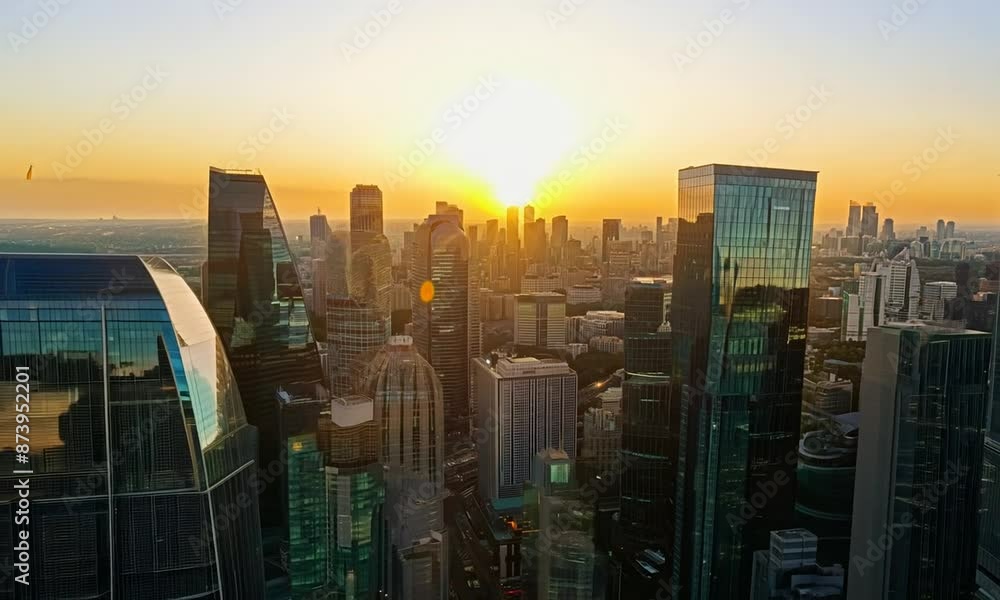 The sun is setting over a city with tall buildings. The sky is a mix of orange and pink hues, creating a warm and peaceful atmosphere The sun is setting over a city with tall buildings. The sky is a mix of orange and pink hues, creating a warm and peaceful atmosphere
