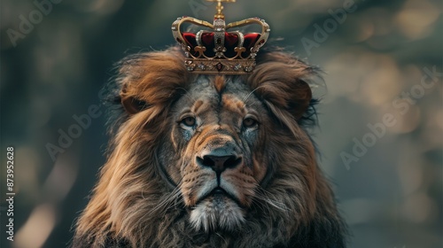 Male lion with battle scars wearing a king of the jungle crown photo