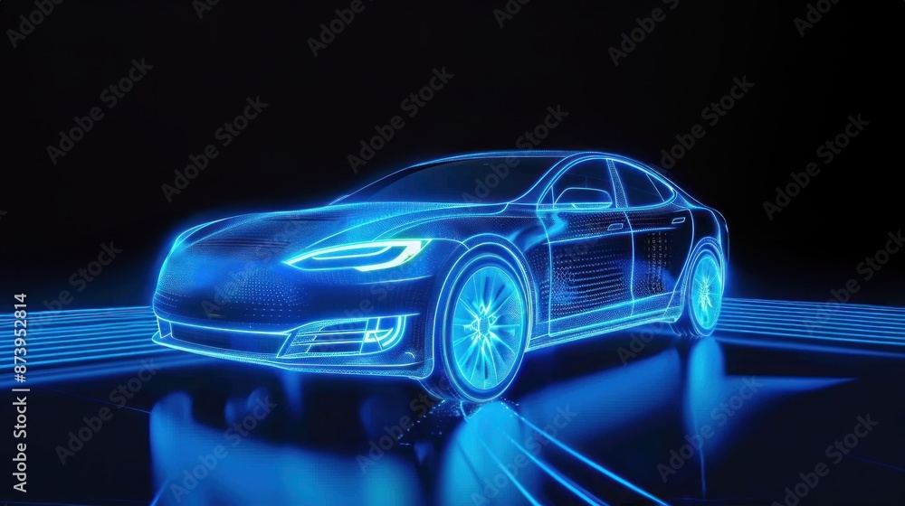 A glowing blue digital holographic electric car on black background showcasing futuristic technology and eco friendly innovation A glowing blue digital holographic electric car on black background showcasing futuristic technology and eco friendly innovation