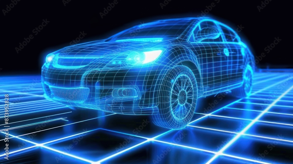 A blue holographic digital car with glowing grid lines in the background showcasing futuristic technology and innovation A blue holographic digital car with glowing grid lines in the background showcasing futuristic technology and innovation