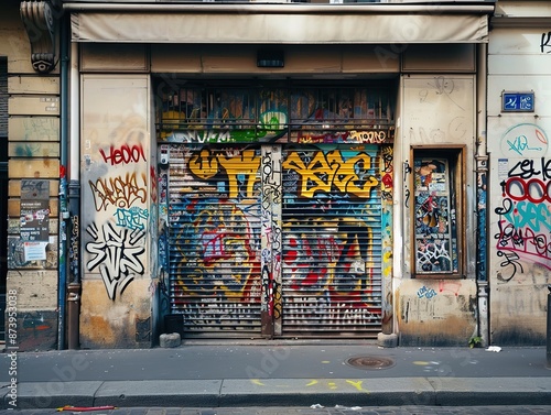 Fototapeta Naklejka Na Ścianę i Meble -  Front view of closed store shutter door with colorful graffiti art in the streets of Paris, showcasing urban street art and contemporary graffiti culture in a vibrant city environment.