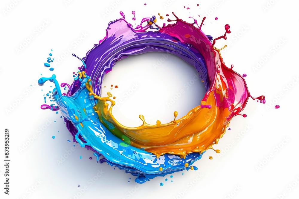 Curved wave colorful pattern with paint drops on a white background. Abstract circle liquid motion flow explosion. Curved wave colorful pattern with paint drops on a white background. Abstract circle liquid motion flow explosion.