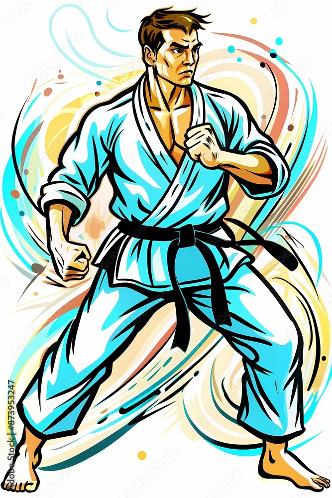 Intense Karate Action: Martial Artist Demonstrating Technique, perfect for use in martial arts tutorials, dojo promotional materials, fitness magazines, or sports psychology presentations. Intense Karate Action: Martial Artist Demonstrating Technique, perfect for use in martial arts tutorials, dojo promotional materials, fitness magazines, or sports psychology presentations.