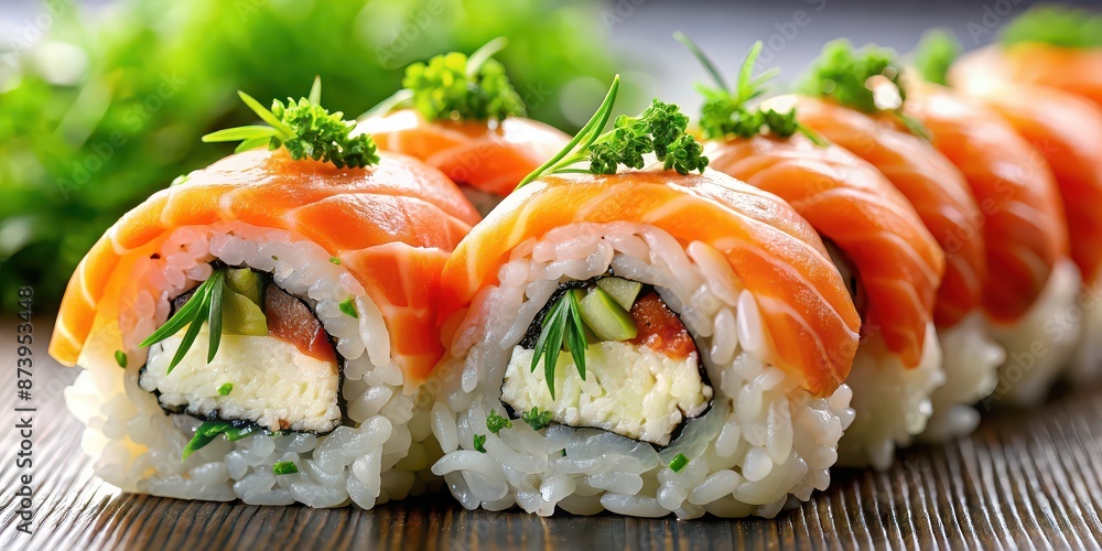 Closeup photo of a double salmon roll, showcasing the fresh fish, rice, and seaweed , sushi, Japanese cuisine, food Closeup photo of a double salmon roll, showcasing the fresh fish, rice, and seaweed , sushi, Japanese cuisine, food