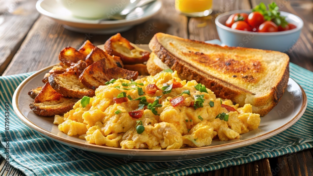 A delicious American breakfast featuring fluffy scrambled eggs, bacon, crispy hash browns, and toast , scrambled eggs A delicious American breakfast featuring fluffy scrambled eggs, bacon, crispy hash browns, and toast , scrambled eggs