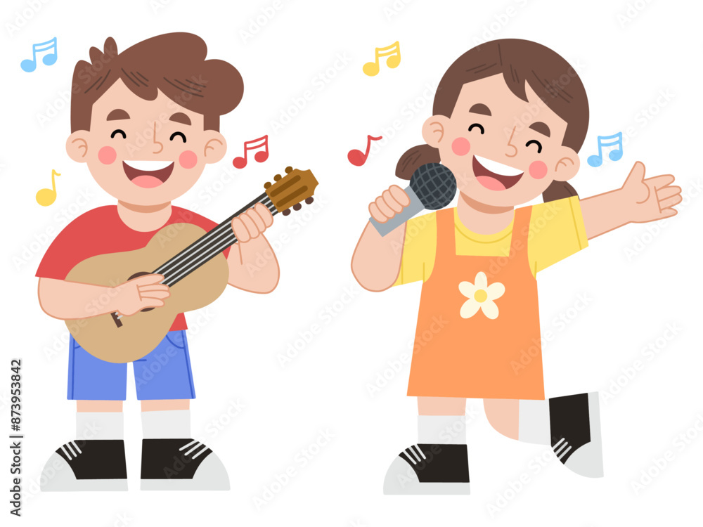 Boy and girl playing music vector illustration Boy and girl playing music vector illustration