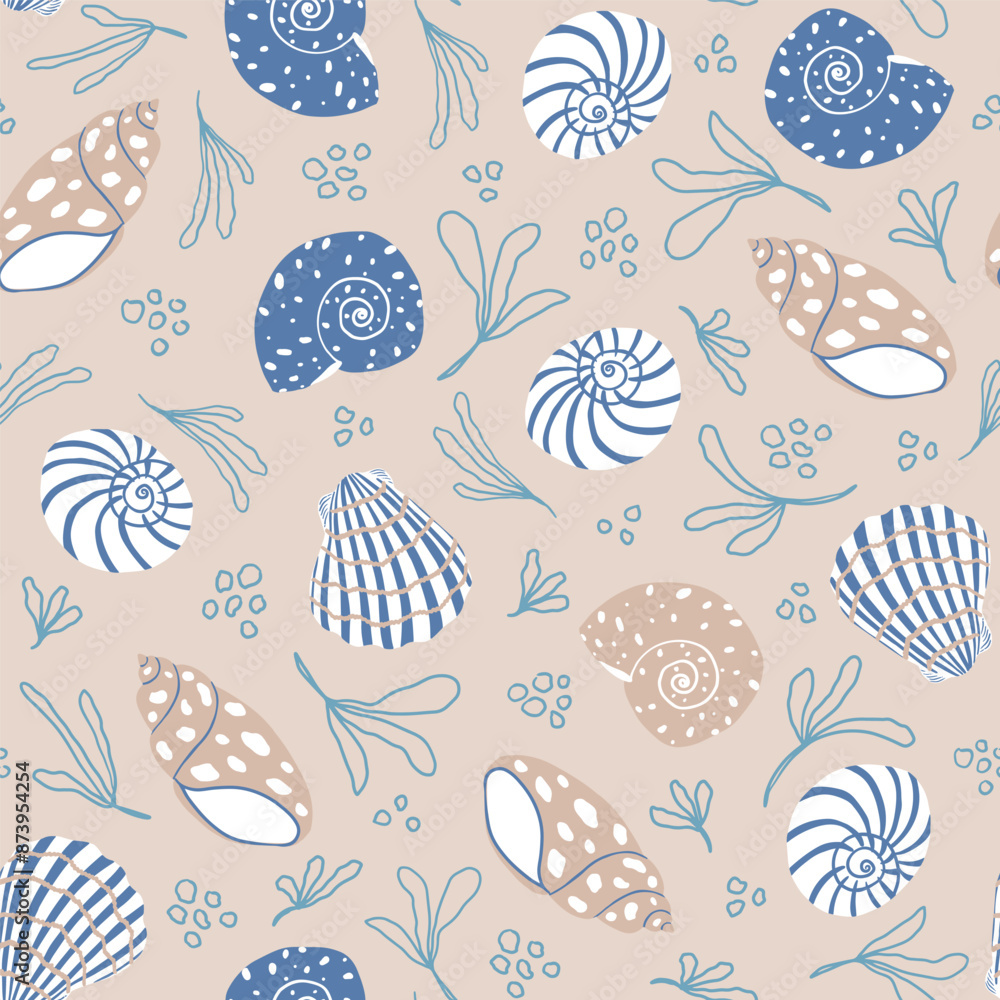 Seashells seamless pattern. Summer, beach, sea life, ocean, travel, vacation elegant repeat background. Textile, paper design. Seashells seamless pattern. Summer, beach, sea life, ocean, travel, vacation elegant repeat background. Textile, paper design.