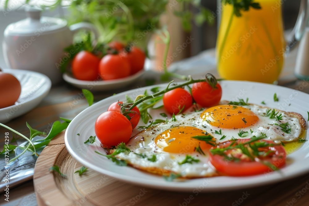 Plate of sunny side up eggs garnished with herbs, accompanied by vine tomatoes, on a wooden table Plate of sunny side up eggs garnished with herbs, accompanied by vine tomatoes, on a wooden table