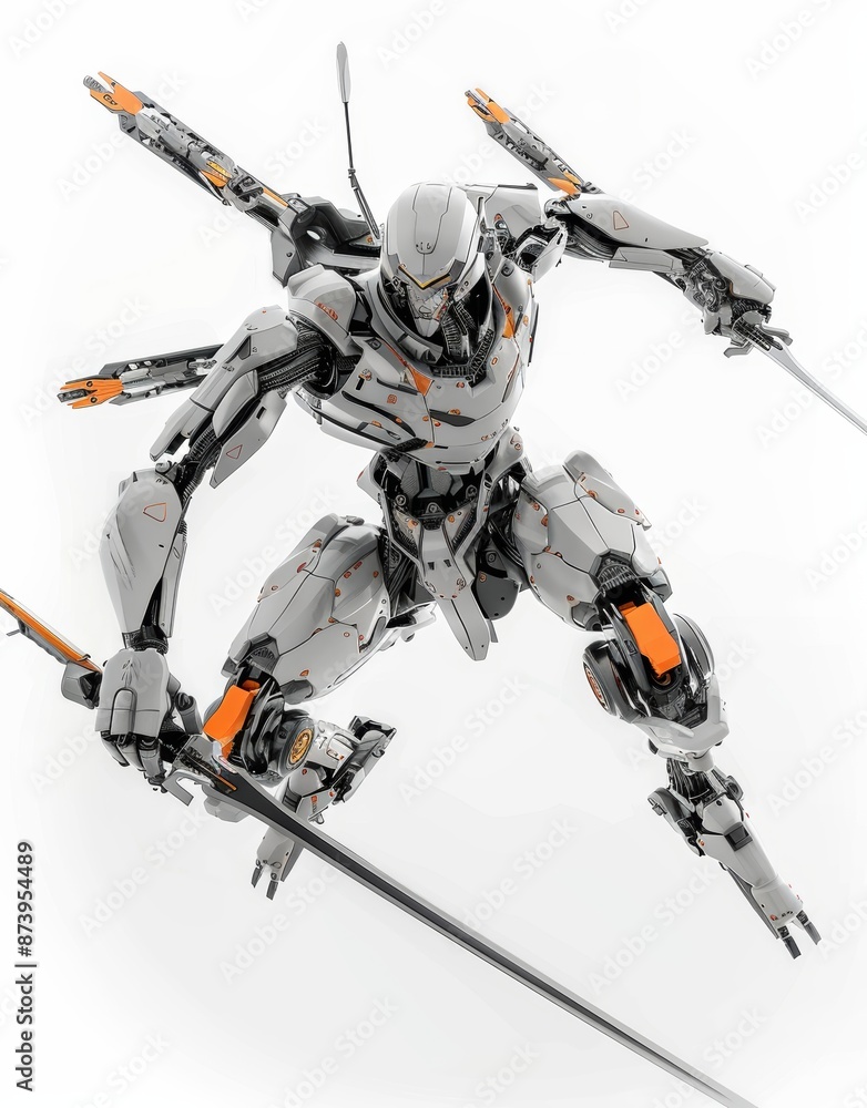 Robot holding two swords in a fighting position. Mech is flying and jumping. White and gray color scratched metal on white background. Mech battle. Robot holding two swords in a fighting position. Mech is flying and jumping. White and gray color scratched metal on white background. Mech battle.