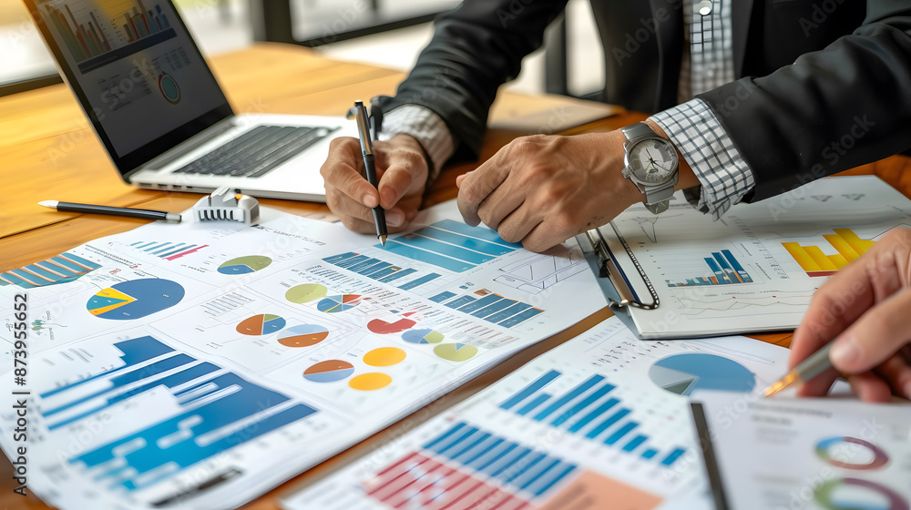 Business consulting meeting is discussing business plan analysis with financial data and business growth charts to plan strategies Business consulting meeting is discussing business plan analysis with financial data and business growth charts to plan strategies