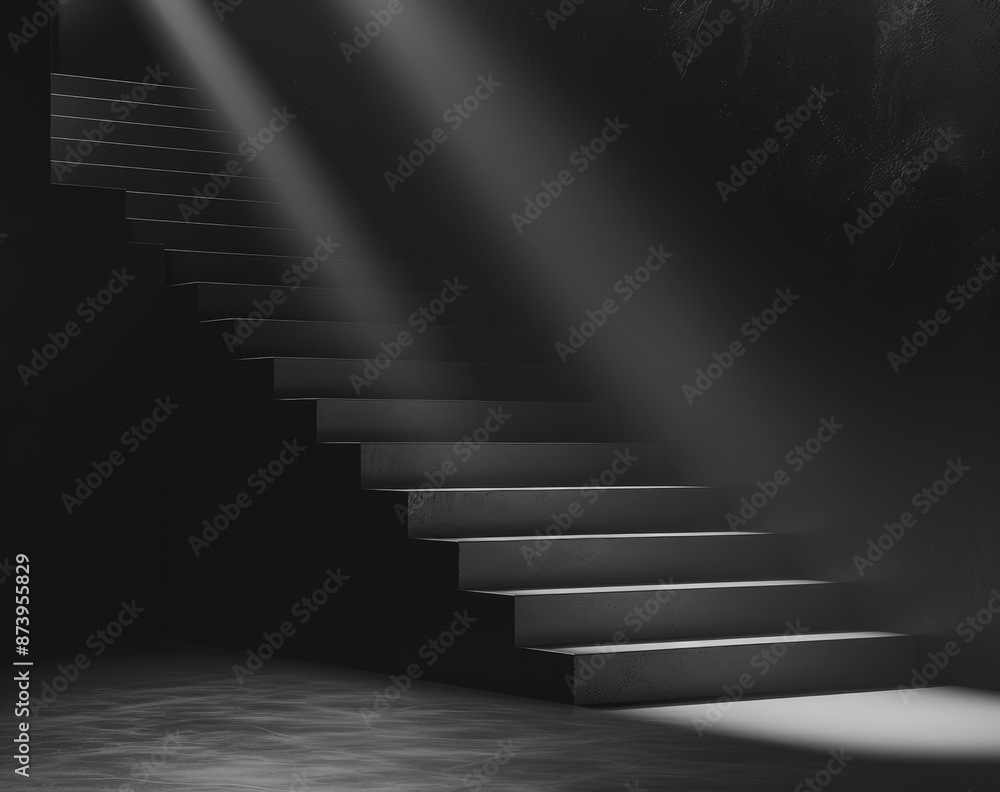 3D rendering of stone stairs with abstract light. Dark stairs with abstract light. 3D rendering of stone stairs with abstract light. Dark stairs with abstract light.