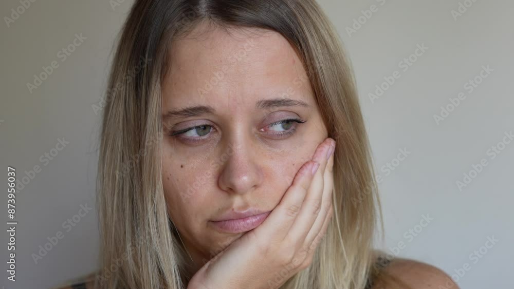 Close up of a sad upset and bored young caucasian blonde woman thinking and missing someone on a light background. Loneliness and boredom. Depression, apathy, headache Close up of a sad upset and bored young caucasian blonde woman thinking and missing someone on a light background. Loneliness and boredom. Depression, apathy, headache