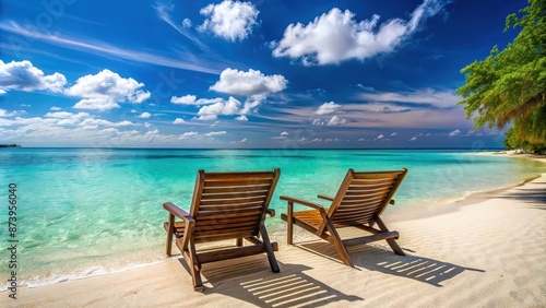 Chairs placed on beautiful sandy beach with crystal clear waters, perfect for a summer holiday and vacation, beach, chairs © Sujid