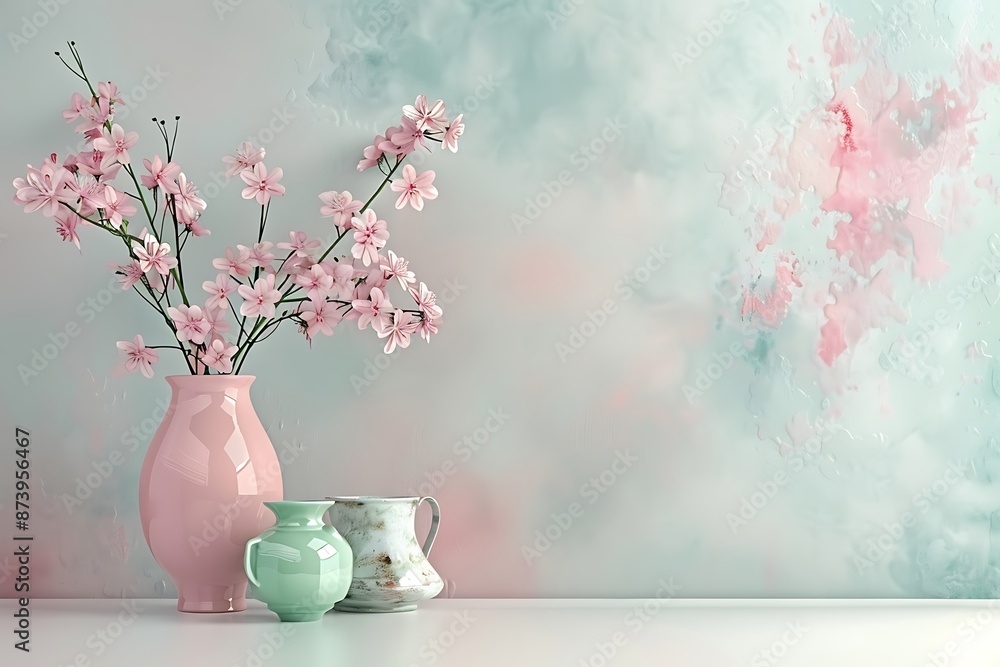 Impressionist 3D scene pastel wall, pink and mint green flower vase on white table, delicate colors. Impressionist 3D scene pastel wall, pink and mint green flower vase on white table, delicate colors.