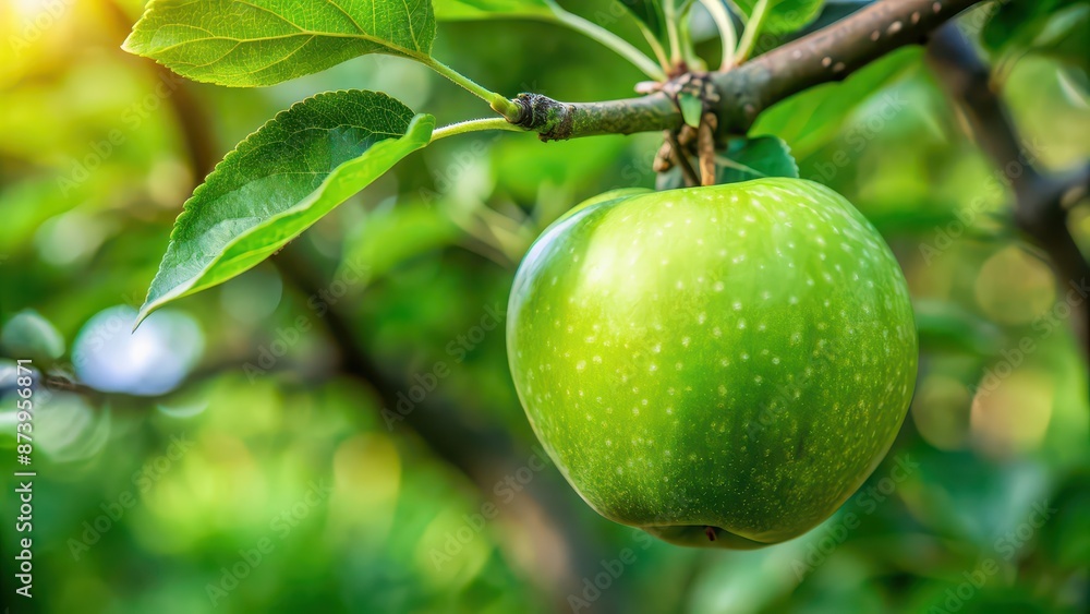 Close-up of a green unripe apple on a tree branch , unripe, fruit, apple, green, tree, branch, immature, unripened, raw Close-up of a green unripe apple on a tree branch , unripe, fruit, apple, green, tree, branch, immature, unripened, raw