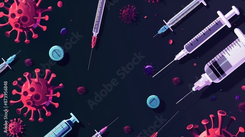 COVID 19 vaccination medical equipment on dark background for web banners
