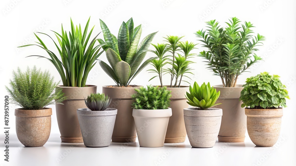 Obraz premium Collection of realistic plants in ceramic pots isolated on background. rendering , plants, ceramic pots