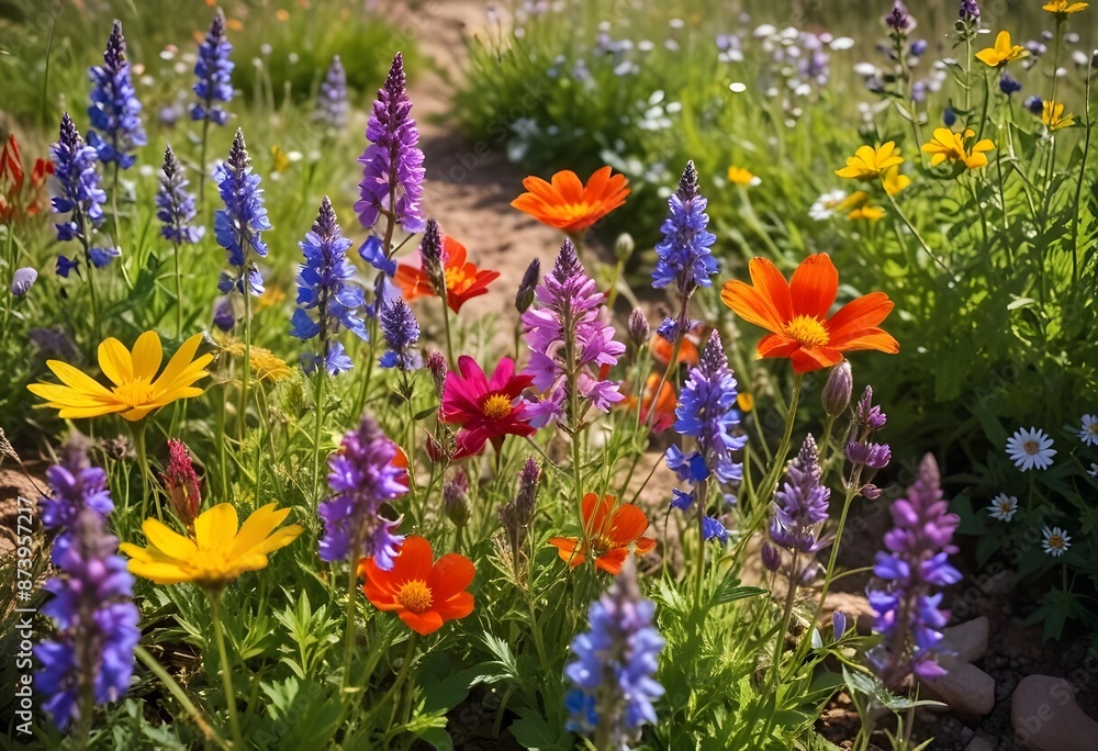 Spring, summer flowers growing in a meadow close up on a sunny day Spring, summer flowers growing in a meadow close up on a sunny day