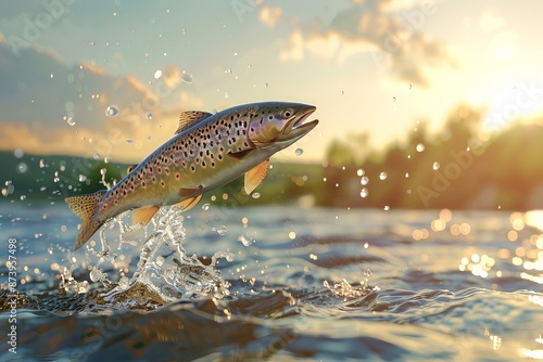 trout fish jumping out of water, ultra realistic detailed image 