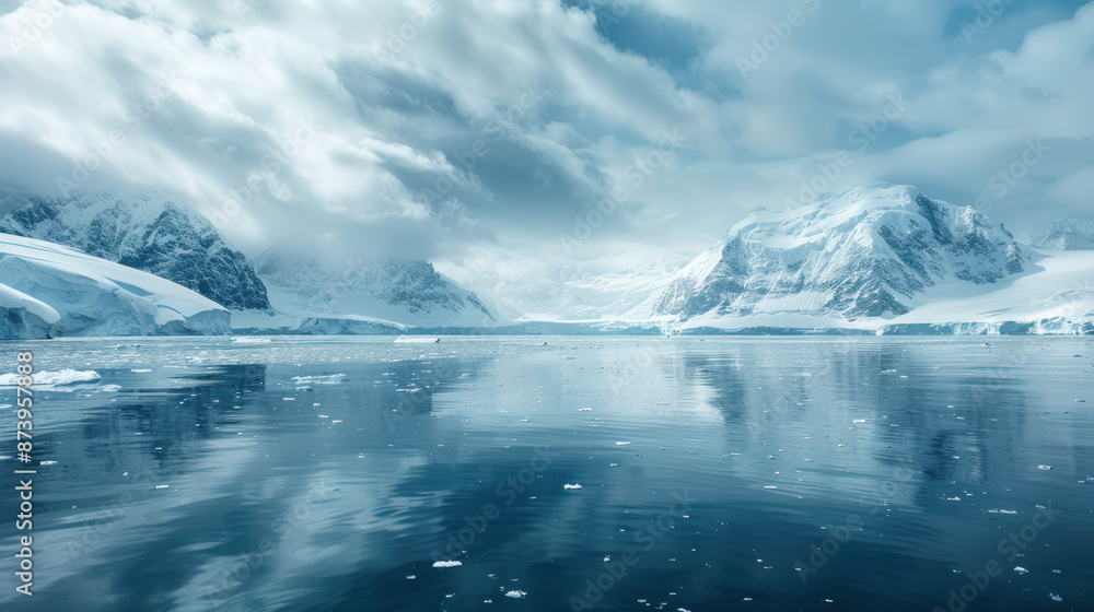 Fototapeta premium Vast Antarctic landscape with towering icebergs and reflective waters under a cloudy sky, emphasizing the pristine and serene environment of the polar region.