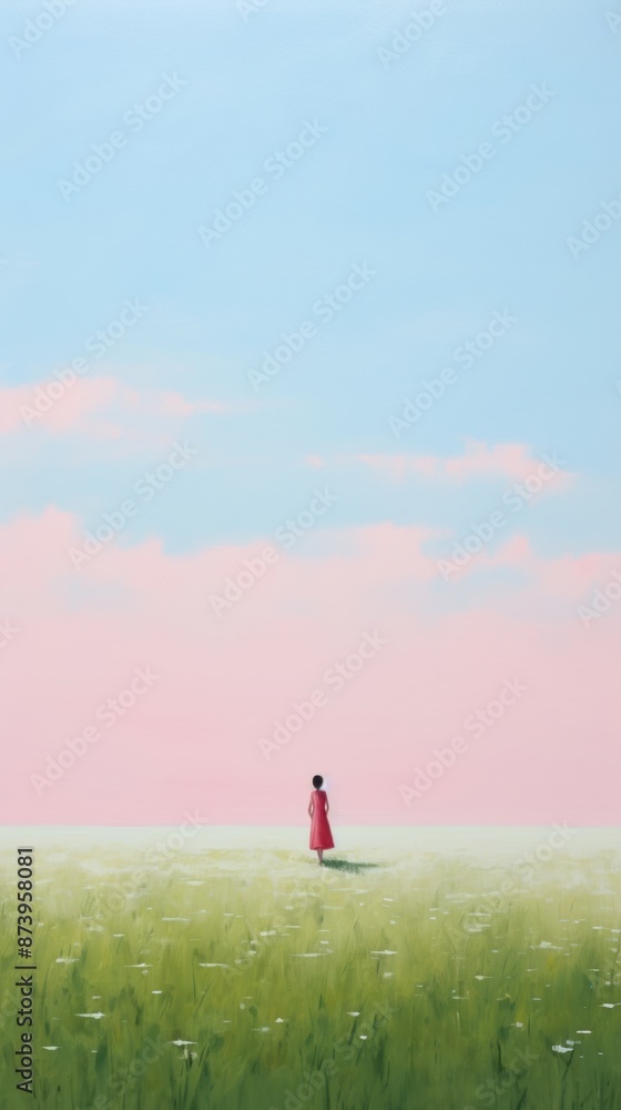 Fototapeta premium Girl walking nature grassland landscape.