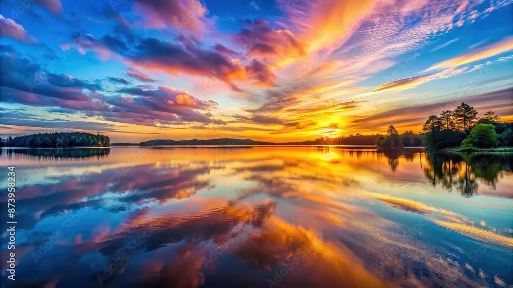 Fototapeta premium A tranquil sunset scene with colorful sky reflected over a calm lake, sunset, lake, reflection, water, evening, dusk, peaceful