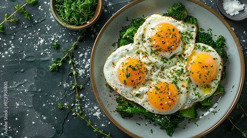 A delicious gourmet dinner plate with egg and vegetables, served with white rice