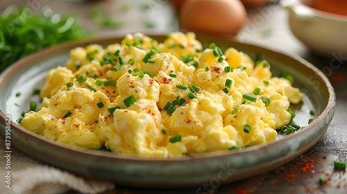 a plate of scrambled eggs with chives, centered with sharp detail and a beautiful setting. 