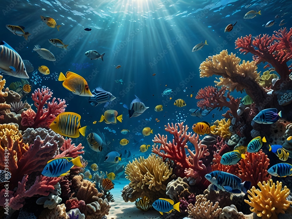 Naklejka premium Vibrant coral reefs teeming with colorful fish create a breathtaking underwater world