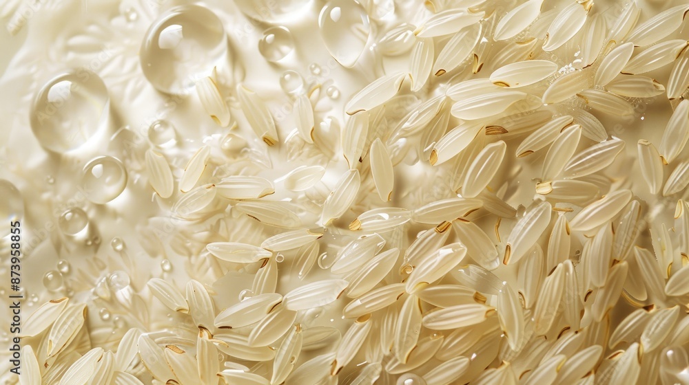 Rice seeds with water droplets on a textured background Rice seeds with water droplets on a textured background
